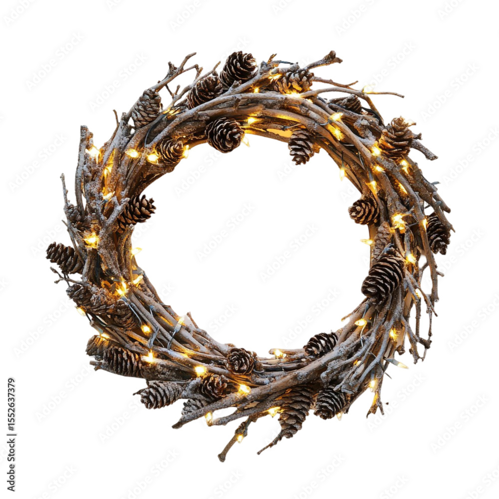 Fototapeta premium Festive winter twig wreath with pinecones and warm lights