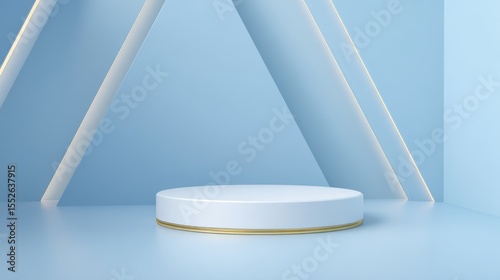 Minimalist white podium with gold trim on a light blue background with geometric lighting accents