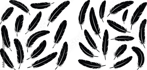 Group of Feather Silhouettes Simple of Floating Feather Icons, Isolated