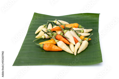 It is probably spiciest chili in Thailand. Group of Karen pepper - Capsicum frutescens Linn. on a banana leaf has red, orange and white colors isolated on white background.
