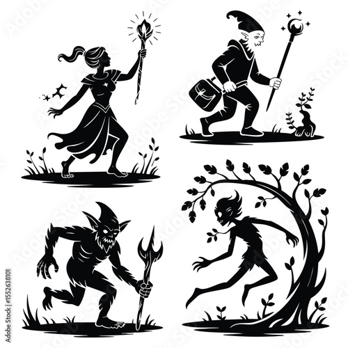 Silhouette Illustrations: Witch, Jester, Devil, Sprite - Pixel Art Graphics