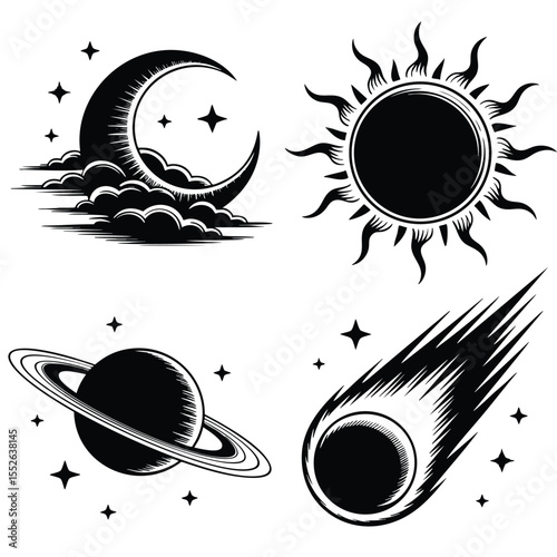 Pixel Art Celestial Bodies: Sun, Moon, Planet, Comet Designs