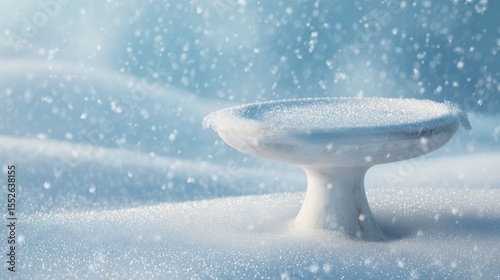 A delicate white pedestal covered in sparkling snow sits in a soft focus winter landscape with falling snowflakes