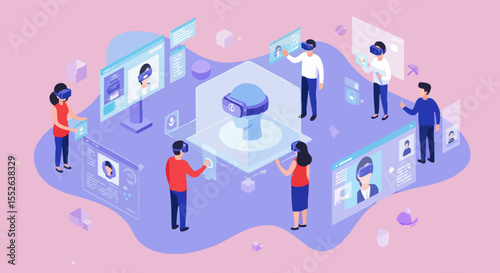 People using virtual reality headset for online meetings