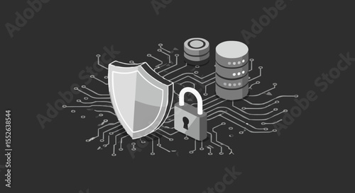 Security shield padlock and data storage concept