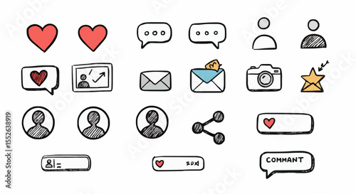 Social media icons, doodle style communication elements