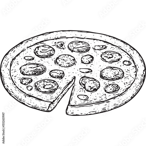 Hand-drawn pizza sketch with sliced toppings, ideal for Italian fusion art or casual dining decor