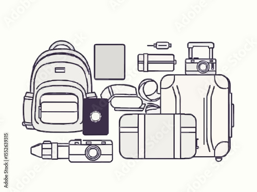 Travel gear and vacation items arrangement concept