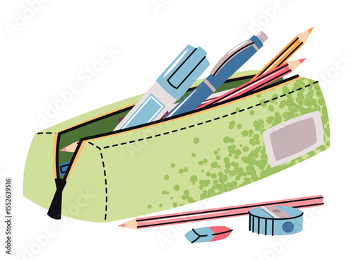 Green Kids Pencil Case with School Supplies and Accessories in Flat Style. Kids Stationery Set with Pencils, Sharpener and Eraser on White Background. Ideal for Back to School, Educational Content