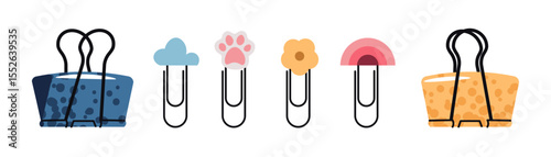 Decorative Paperclips Set in Flat Style.Paw, Cloud, Flower, Rainbow and Clips on White Background. Cute Office and School Supplies for Planners, Journals. Ideal for Stationery Branding, Social Media.
