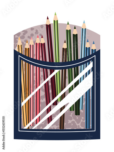 Flat Design Colored Pencils in Box on White Background. Vibrant Artist Set for Drawing, School Projects, and Coloring. Perfect for Stationery Branding, Art Supplies Packaging, and Creative Content