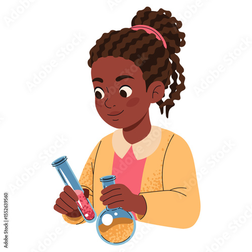 African American Schoolgirl with Chemistry Test Tubes in Flat Style, Science Lab Illustration. Child Doing Chemical Experiment, Education Concept. Ideal for Science Posters, Classroom Material