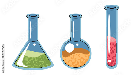 Flat Design Chemistry Set with Test Tubes and Flasks on White Background. Science Lab Equipment for School Experiments, Research and Education. Perfect for Classroom Posters and Laboratory Branding.
