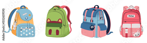 Set of different school backpack and schoolbag. Collection of children bags. Hand drawn vector illustration on isolated background. Modern flat cartoon style. Back to school, stickers