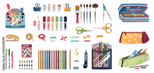 Stationery Set. Pencils, Highlighters, Crayons, Pens, Pencil Cases, Brushes, Paperclips and More in Flat Design. Back to School Collection. Ideal for Educational Content, Office Branding, Social Media