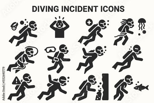 Diving incident icons: safety, danger, and caution underwater symbols