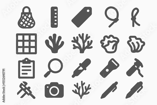 Collection of various simple black and white icons on a white background