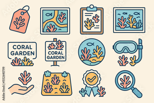 Coral garden icons: conservation, snorkeling, marine life, ocean exploration, sealife preservation