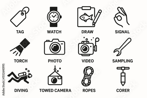 Icons for marine exploration and documentation tools and activities