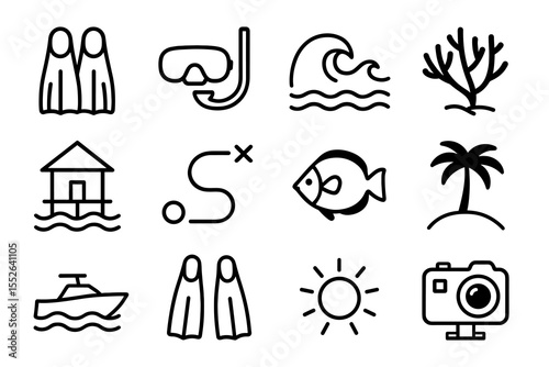 Diving icon set: snorkel, fish, waves, palm, camera, boat