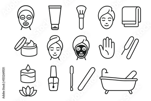 Skincare and spa icon set including face masks and beauty tools