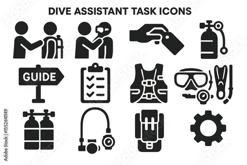 Dive assistant task icons set: gear, safety, and equipment symbols