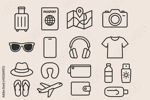 Essential travel icons: luggage, passport, map, camera, and more