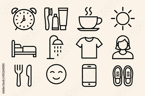 Daily routine icons: alarm clock, toothpaste, coffee, sun, bed, shower, t-shirt, female, fork, smiley, smartphone, shoes