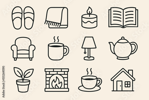 Cozy home icons collection featuring blanket, cake, book, and more