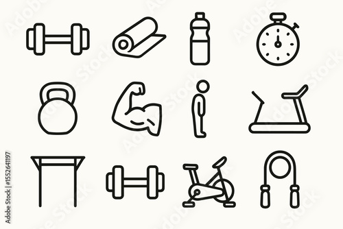 Fitness icons: dumbbells, exercise mat, water bottle, stopwatch, kettlebell, muscle, treadmill, bike, jump rope