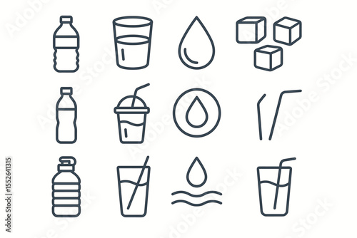 Water icons set: bottles, glasses, straws, ice cubes, droplets
