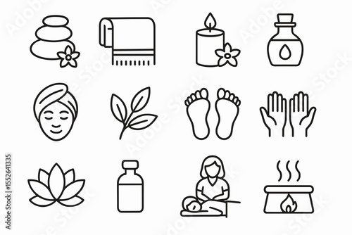 Spa and wellness icons: aromatherapy, massage, herbal care, candle, relaxation symbols