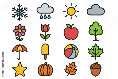 Colorful seasonal icons: weather, nature, and objects illustration collection