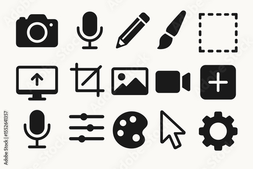 Set of black multimedia and editing icons including camera, microphone, and paint palette