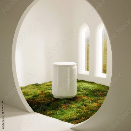 Minimalist white pedestal on a vibrant moss and wildflower carpet inside a circular architectural opening with arched windows overlooking a meadow