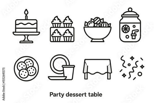 Party dessert table outline: cake, cupcakes, fruit bowl, cookies, drinks, decorations