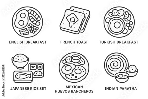 International breakfast icons: english, french, turkish, japanese, mexican, indian