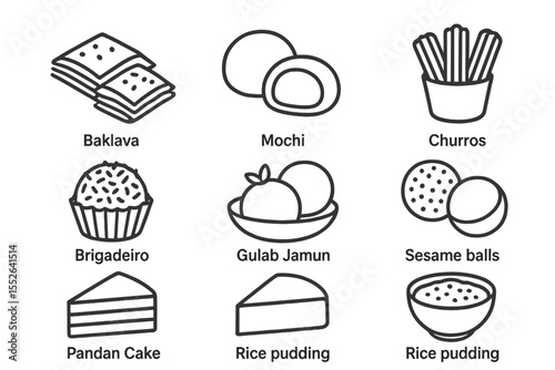Assorted world desserts: baklava, mochi, churros, brigadeiro, gulab jamun, sesame balls, pandan cake, rice pudding