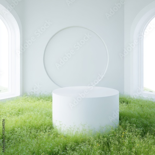 Minimalist white cylinder podium surrounded by lush green grass and delicate wildflowers in a bright airy room with arched windows