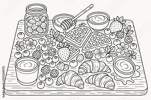 Delicious breakfast spread with waffles, croissants, and fresh berries
