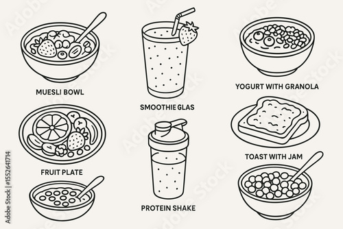 Breakfast selection: muesli, smoothie, yogurt, fruit, toast, and protein shake
