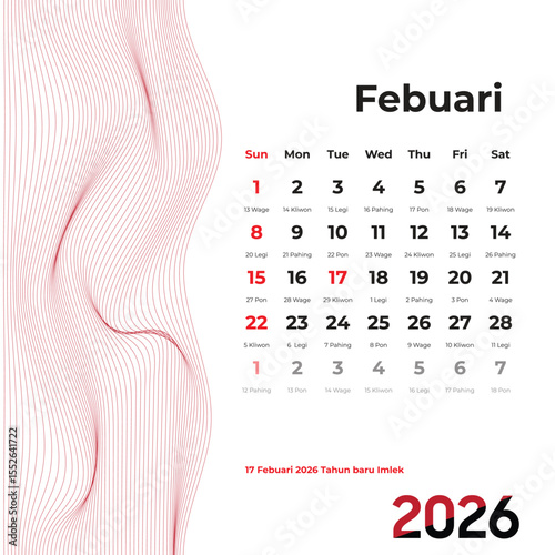February 2026 Weton calendar with flowing lines and Javanese Pasaran cycle, emphasizing harmony in daily life and traditional Indonesian timekeeping.