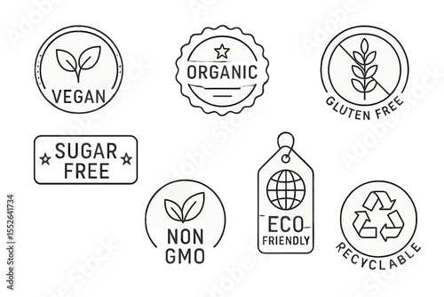 Eco-friendly organic labels: vegan, gluten-free, recyclable, sugar-free, non-gmo badges