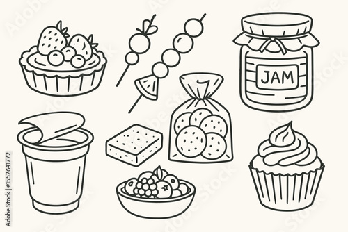 Assorted black and white dessert illustrations featuring tarts, muffins, and jam jars