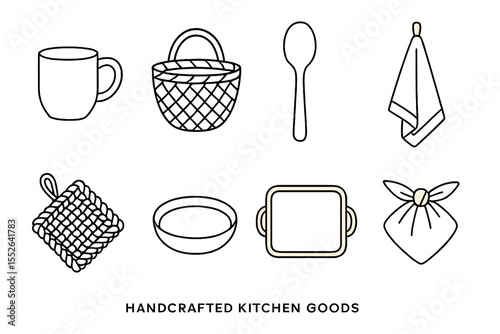 Handcrafted kitchen goods set: mug, basket, spoon, towel, pot holder, bowl, tray, wrap