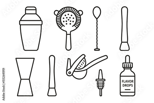 Bartender tools on brown background - shaker, strainer, jigger, citrus squeezer, dropper