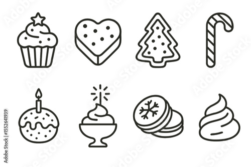 Festive dessert icons: cupcake, heart, tree, candy cane, cake, ice cream, macarons, whipped cream