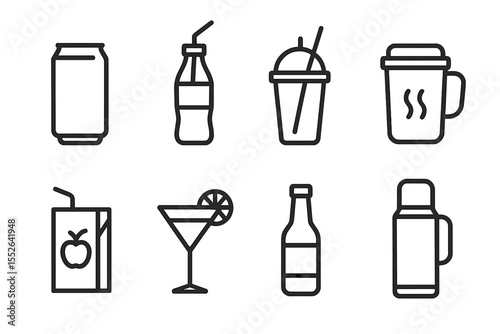 Minimalist beverage icons set - cans, bottles, cups, and thermos illustrations