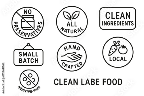Clean label food icons: no preservatives, all natural, clean ingredients