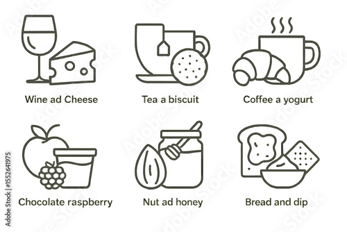 Icons of wine cheese tea biscuit coffee yogurt chocolate raspberry nut honey bread dip